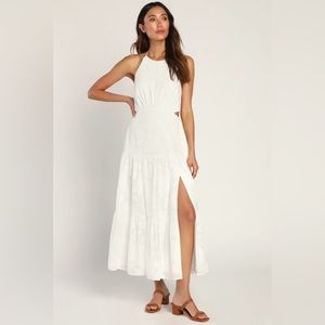 Lulus Romantic Mystique White Burnout Floral Tiered Midi Dress NWT
